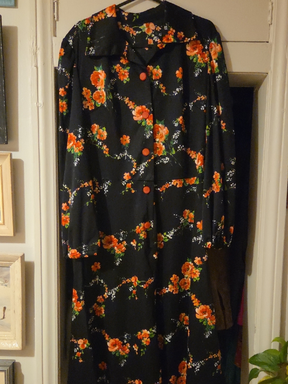 Vintage-Inspired Black Long Sleeve Floral Dress - Orange Bloom